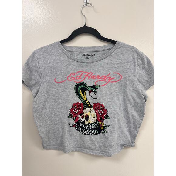 Vintage Ed Hardy Snake & Skull Graphic Crop Baby T-Shirt – Women’s XL Grey Y2K - Picture 1 of 4